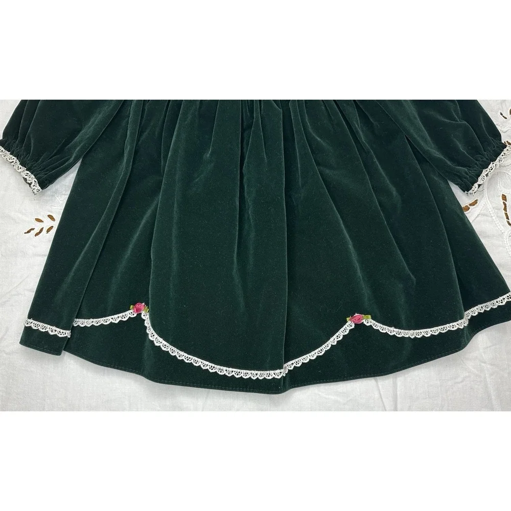 Jo Lene Made In USA -Vintage- 2T Green Velvet - Lace Rosettes - Picture 3 of 6